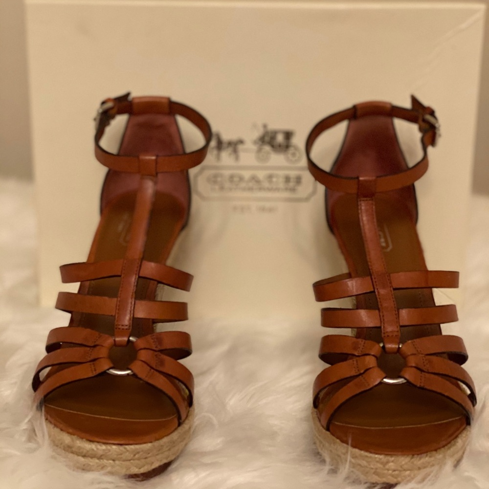 Brand New Coach Cognac Strapped Leather Sandals